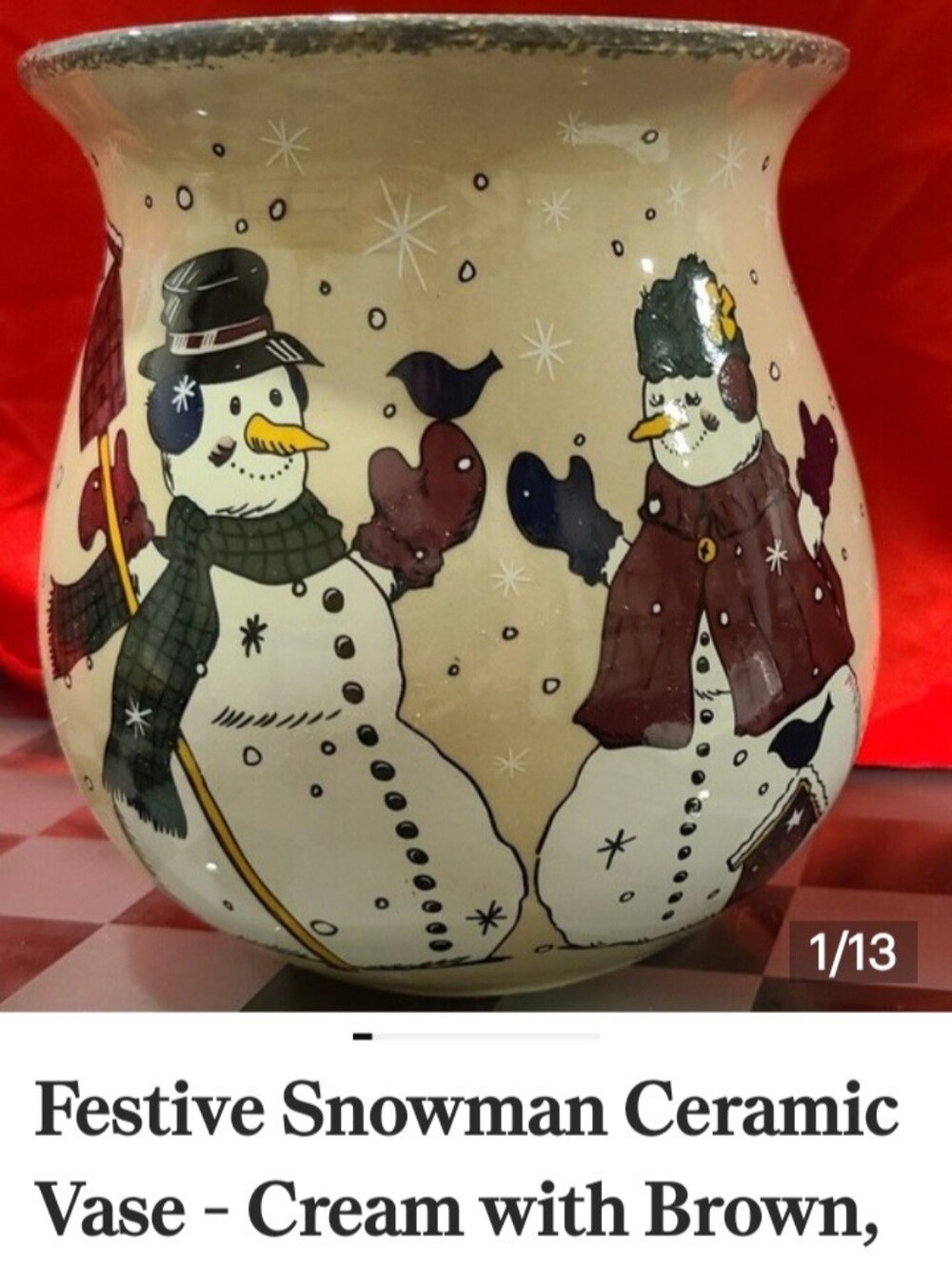 Festive Snowman Ceramic Vase - Cream with Brown, Green & Navy Accents